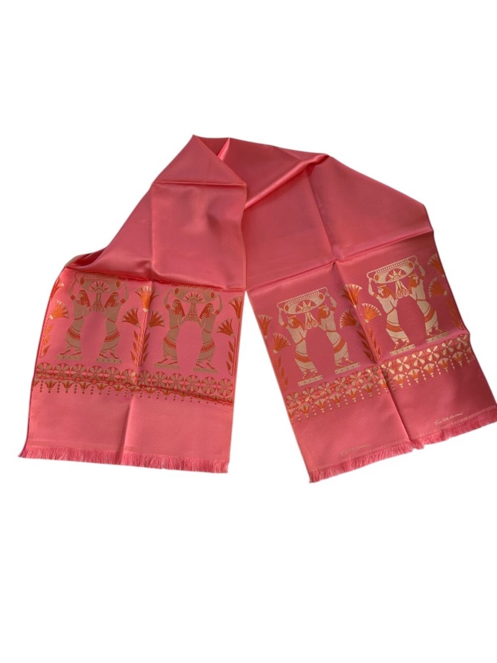 Saks Fifth Avenue Coral 100% silk Egyptian Nile Figures Papyrus scarf AS NEW